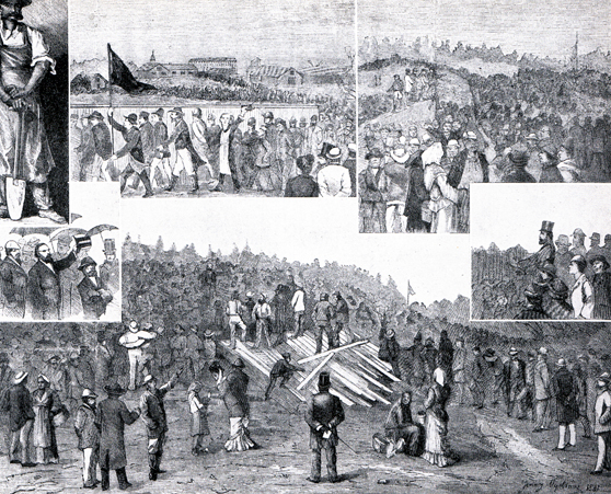 Arbetarna förbjöds att ha offentliga möten i staden. I stället samlades man som här på bilden från 1881 i Liljansskogen