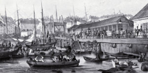 Slussen fylld av liv och aktivitet år 1850. Fortfarande anas den gamla polemska slussen med sina holländska bommar i bakgrunden.