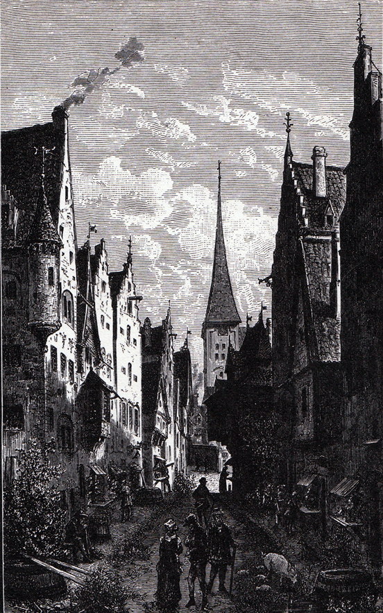 Gata med bodar i medeltidens Stockholm som en sentida illustratör föreställt sig den. I bakgrunden syns Storkyrkans torn. 