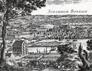 Lantliga idyllen Kungsholmen, med ett förnämt lantligt residens med formell trädgård. I bakgrunden Norrmalm, eller Norra förstaden som den hette då. Den stora vattenytan har idag krympt till den smala Klarastrandskanalen.