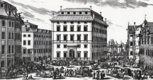 Nikodemus Tessin ritade byggnaden i romersk barock. Den tunga fasaden skulle motsvara bankens motto: Hinc Robur et Securitas. Styrka och säkerhet.