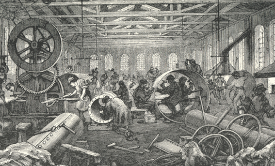 Interiör från Bolinders verkstad på Kungsholmen  som de tedde sig i slutet på 180-talet. 