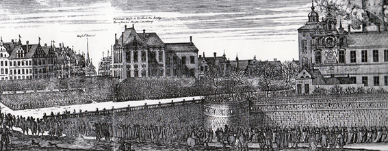 Karl X:s liktåg 1660. Från borgen Tre kronor gick tåget via slottsbacken här längs Skeppsbron och Stora Nygatan till Riddarholmskyrkan. Det var den kortvariga stormaktens sista manifestation av denna omfattning vid en kunglig begravning. 